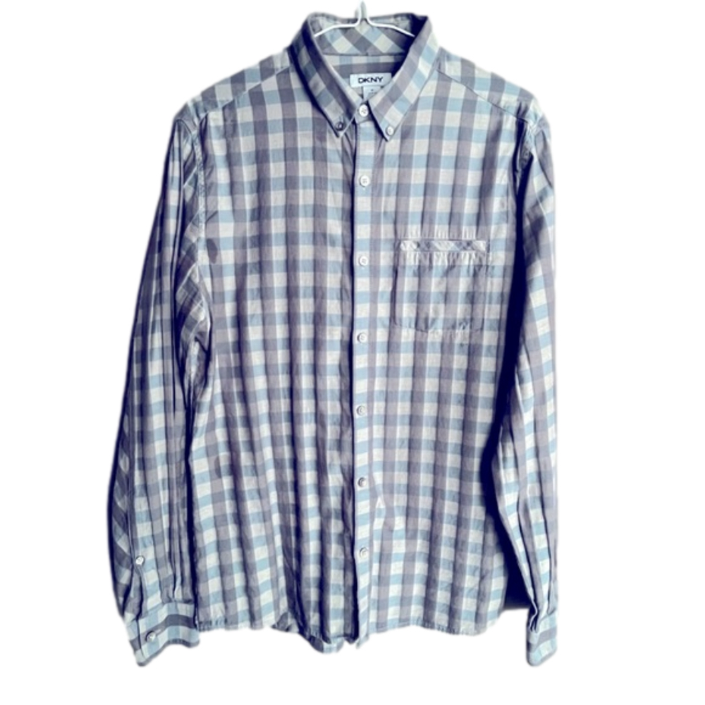 DKNY Mens Check Plaid Button Casual Long Sleeve Cotton Shirt Gray Blue Medium